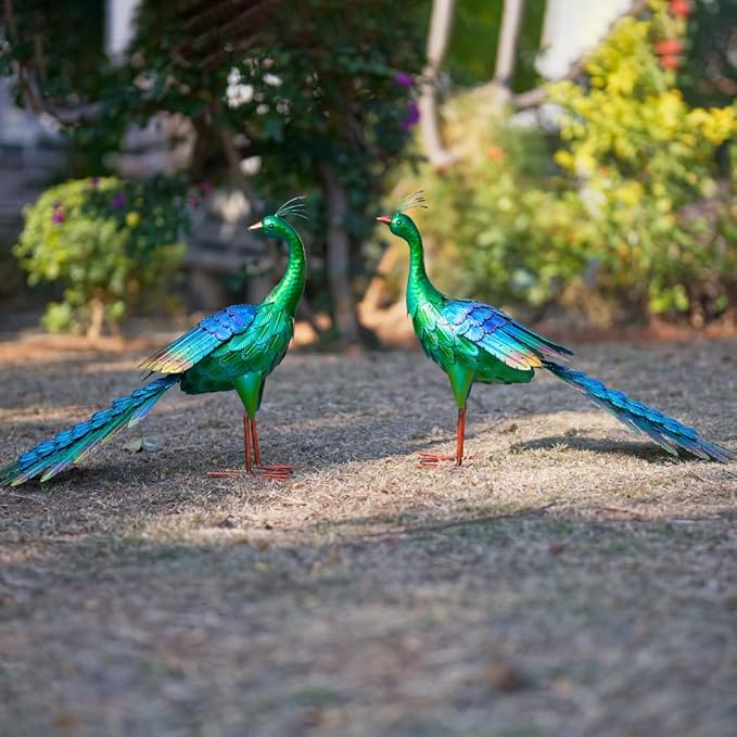 DREAMSOUL Set of 2 Peacock Garden Statues Metal Garden Sculptures & Statues Yard Art Peacock Statue