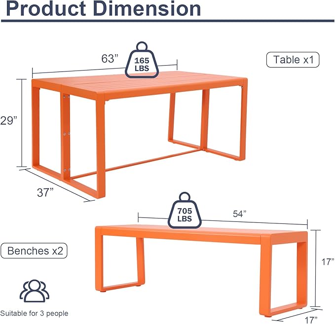 Aoodor 3-Piece Outdoor Patio Dining Set, Aluminum Furniture Set with 1 Rectangular Picnic Table and 2 Benches for Garden, Lawn, Yard