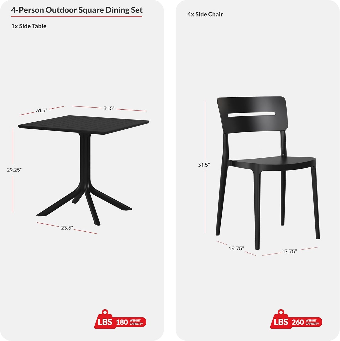 5-Piece Outdoor Dining Set, HDPE Patio Square Bistro Table and Stackable Chairs Sets for 4, Patio Furniture All Weather for Backyard Poolside, Black