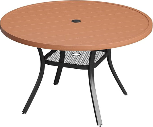 DIFY Round Outdoor Patio Dining Table for 4, 41.7" Patio Table with All-Weather Faux Wood Tabletop and Metal Steel Frame, Outside Table for Garden Porch Backyard, Walnut