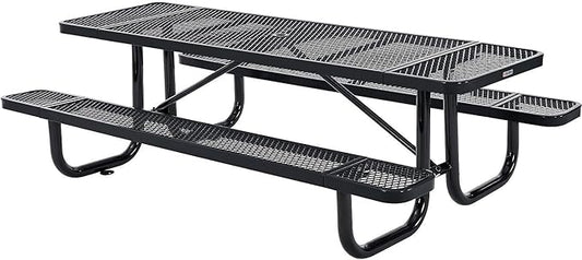 Global Industrial 8’L Rectangular Picnic Table, Expanded Metal, Black Thermoplastic Coating, Attached Benches, 1-1/2” Umbrella Pole Hole, Outdoor-Rated, 1000 lb Capacity, 96” x 30” Tabletop