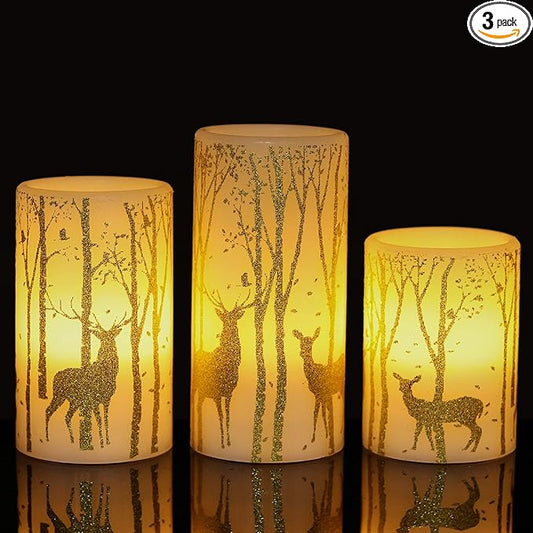 Gold Deer Flameless Candles with 6H Timer, Set of 3 Real Wax LED Flickering Candles, Christmas Pillar Candles with Gold Elk Decor for Home Party Decorations(H6 x D3)