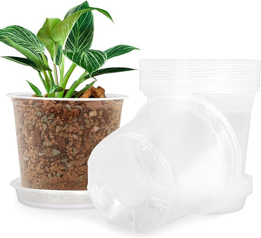 4/5/6/7 Inch Clear Nursery Pots for Plants with Sacuers 15 Pack, Plastic Flower Pots with Drainage Holes, Variety Pack Seedlings Garden Pot for Indoor Outdoor (7 inch)
