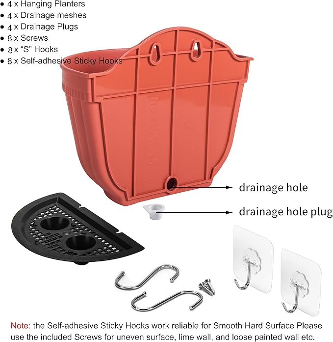 4 Pack Brick Red Wall Hanging Planter Pot Vertical Garden Living Wall Mount Window Hang Indoor Outdoor Plant Flower Basket for Kitchen Herbs Balcony Railing Shelf Fence Bedroom Trellis Decor Modern