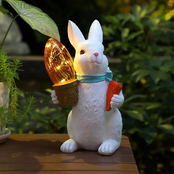 Garden Statues Rabbit with Solar Lights-Easter Bunny Outdoor Decor for Lawn,Balcony-Yard Garden&Patio Decor-Unique Gift for Mom Grandma,Unique Housewarming Gifts and Rabbit Yard Decoration