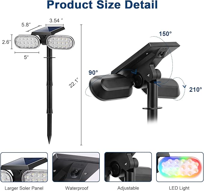 EMANER Solar Outdoor Spot Lights, RGB Solid Color+Multicolor Changing, Solar Spotlight Keep On, Dusk to Dawn Pathway Stake Light Waterproof for Christmas Halloween Outside Tree Garden Decor, 2Pack