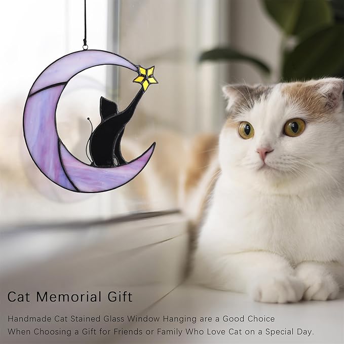 HDCRYSTALGIFTS 6.5'' Black Cat Decor on Purple Moon Stained Glass Window Hanging Suncatcher,Wall Art Glass Window Panel Sun Catcher,Halloween Ornament Decoration Memorial Gift for Lover Cat Loss