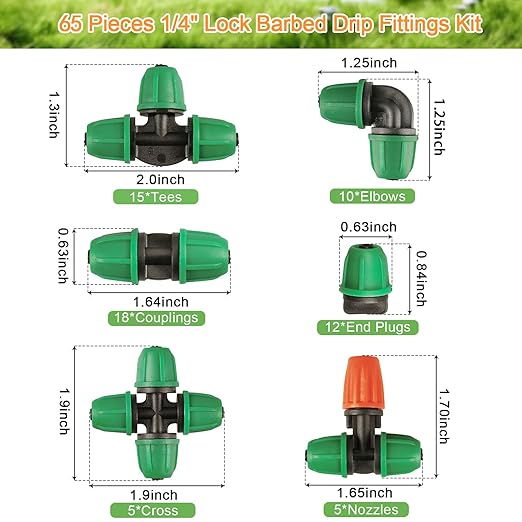 Drip Irrigation Fittings Kit for 1/4" Tubing, 65 Pcs Drip Line Lock Barbed Connectors for Drip Systems - 18 Couplings, 15 Tees, 12 End Caps,1 0 Elbows, 5 Cross Connectors, 5 Misters Nozzles