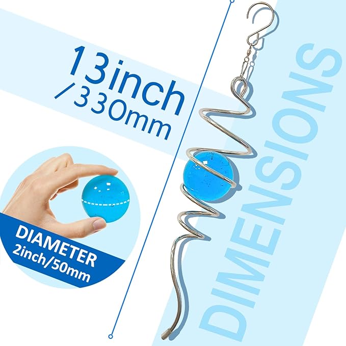 Gazing Ball Spiral Tail Wind Spinner,Decorative Wind Spinner 11inch Tail and 2 inch Glass Orb. Indoor Outdoor Wind Spinner Tail Sun Catcher Garden Decoration-13 inch Height(Blue)
