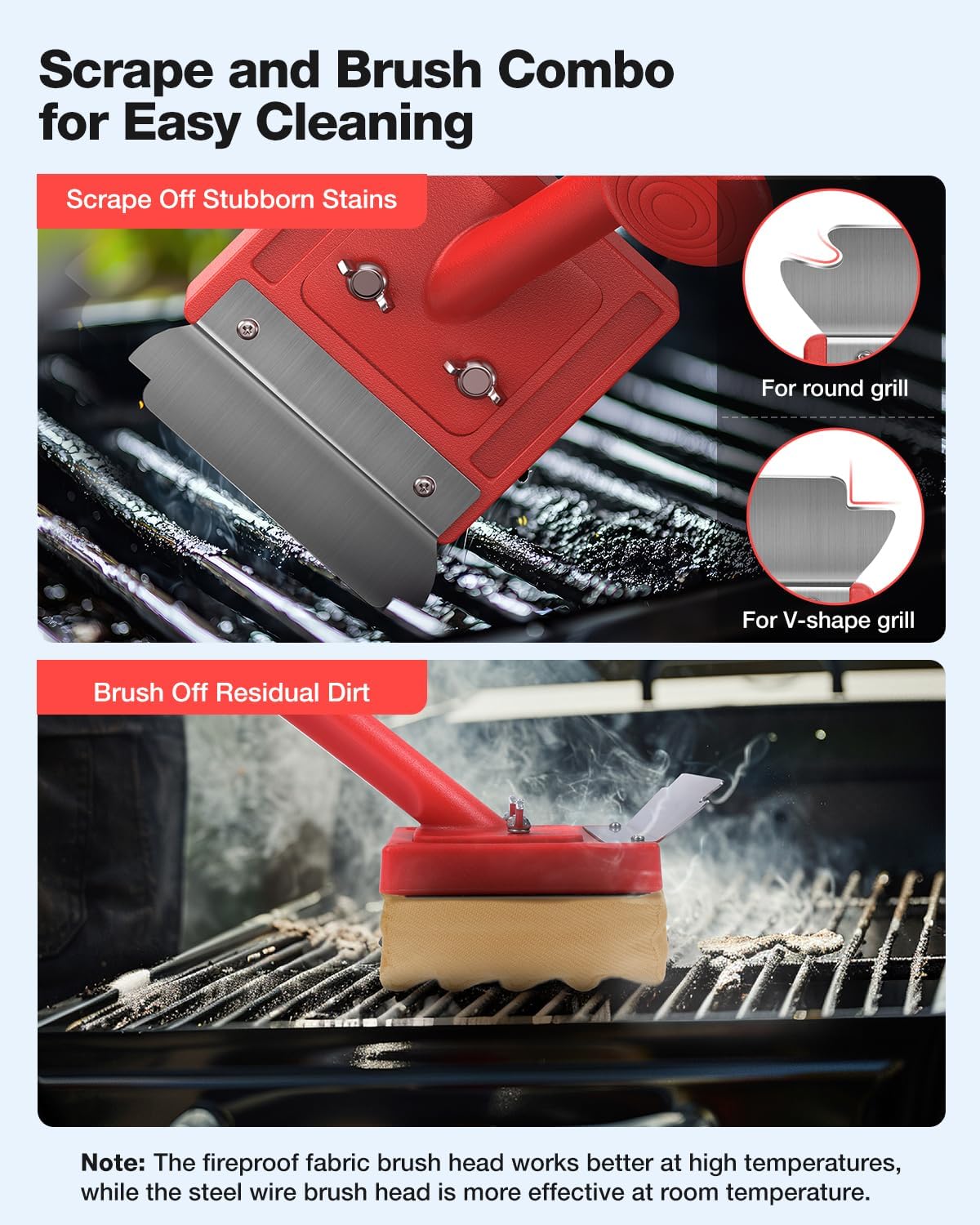 Grill Brush Bristle Free with Scraper 2 Replacement Heads, Steel Wire Replaceable Head and Fire-Resistant Fabric Replaceable Head