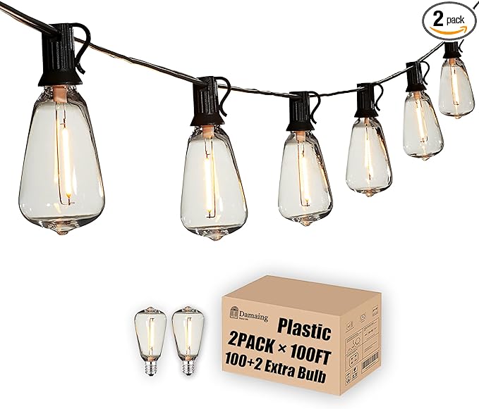 DAMAING Outdoor String Lights 200 FT Waterproof Patio Lights with 102 ST38 Shatterproof LED Bulbs, Dimmable Vintage Edison String Lights for Outside House Backyard Porch Gazebo Party,2-Pack x 100ft