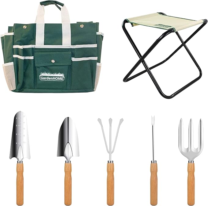 Gardening Tool Set, Stainless Steel 7-Piece Gardening Tools with Heavy-Duty Folding Stool and Detachable Canvas Tote Bag, Green and White, Ideal Gardening Gifts for Women and Men