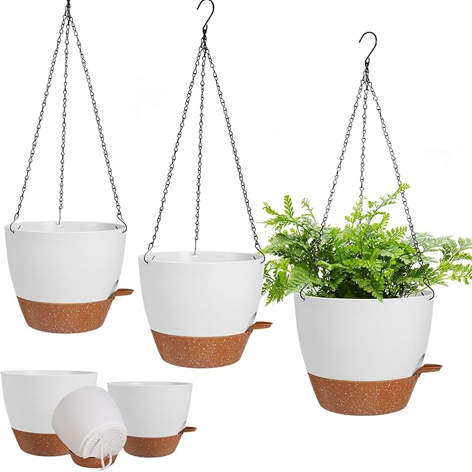 3 Pack Hanging Planter Indoor Outdoor Flower Pots 7/6.5/5 Inch, Self-Watering Hanging Pot with Drainage Holes Hanging Baskets Holder Plant Pots for Garden (White)