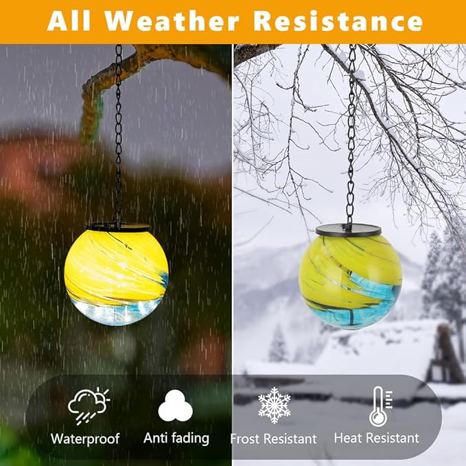 Hanging Solar Lanterns Outdoor Waterproof, Gazing Ball Globe Solar Lantern, Hanging Glass Lantern for Garden Yard Tree Outdoor Decoration