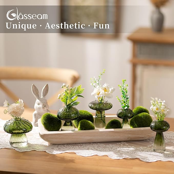 Glasseam Mushroom Plant Propagation Stations: Green Glass Terrarium Jar Set of 10 Cute Planters for Indoor Plants Mini Propagate Station Unique Christmas Birthday Gifts for Women Home Office Decor