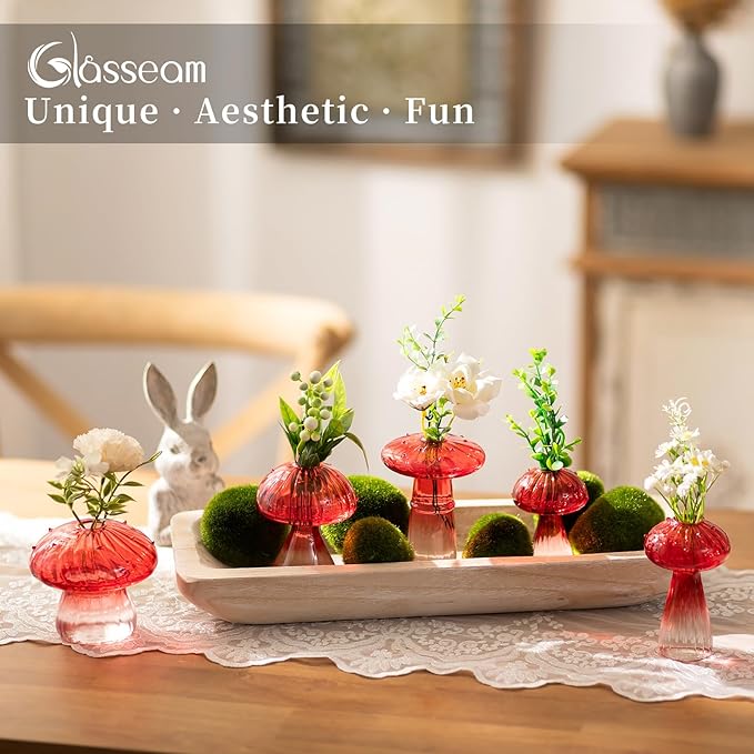 Glasseam Mushroom Plant Propagation Stations: Red Glass Terrarium Jar Set of 5 Cute Planters for Indoor Plants Decorative Propagate Station Unique Christmas Birthday Gifts for Women Home Office Decor