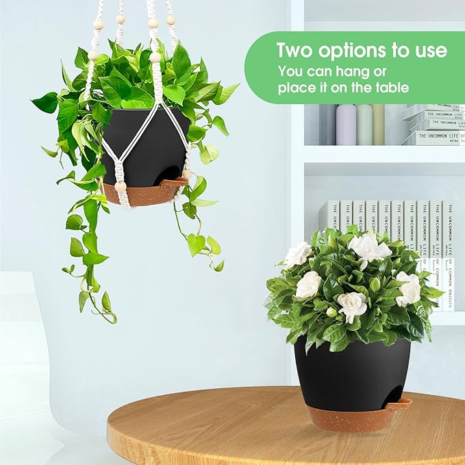 Hanging Planters for Indoor Outdoor Plants, 2 Pack Self Watering Hanging Pot with Drainage Holes, Removable Tray & 2 Kinds of Plant Hangers, 8'' Hanging Flower Pots for Home Garden Decor, Black