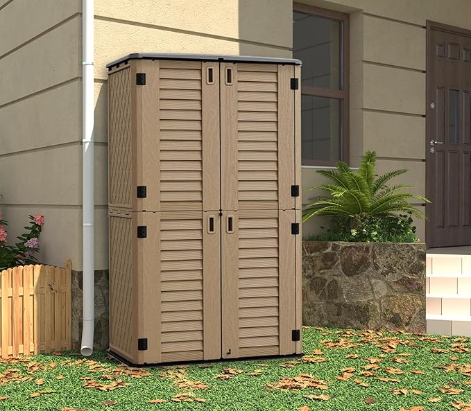 HOMSPARK Storage Shed Weather Resistance, Multi-Purpose Outdoor Storage Cabinet for Backyards and Patios, Horizontal Storage Shed for Lawnmower, Patio Accessories (Coffee, Tall - 53 cu.ft)