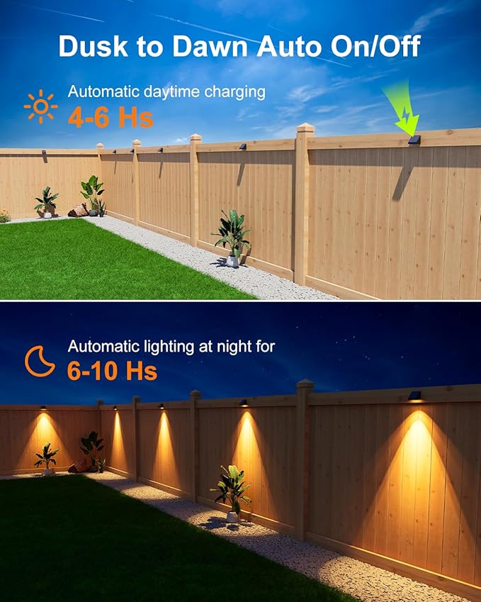 8 Pack Decorative Solar Powered Fence Lights Outdoor Waterproof with Warm White LED Spot Lens, for Outside Wall, Deck, Patio, Yard, Rail, Garage, Pool, Designed for Enhanced Security, Easy Install