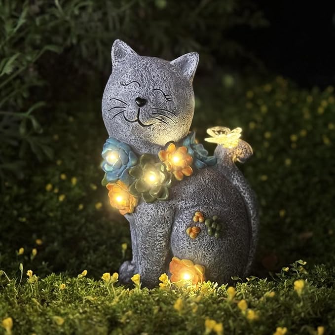Garden Outdoor Decor Cat Statue with Solar Succulent Resin and 6 LEDs, Large Cats Sculpture with Butterfly Solar Lights for Patio, Balcony, Yard, Lawn Ornament