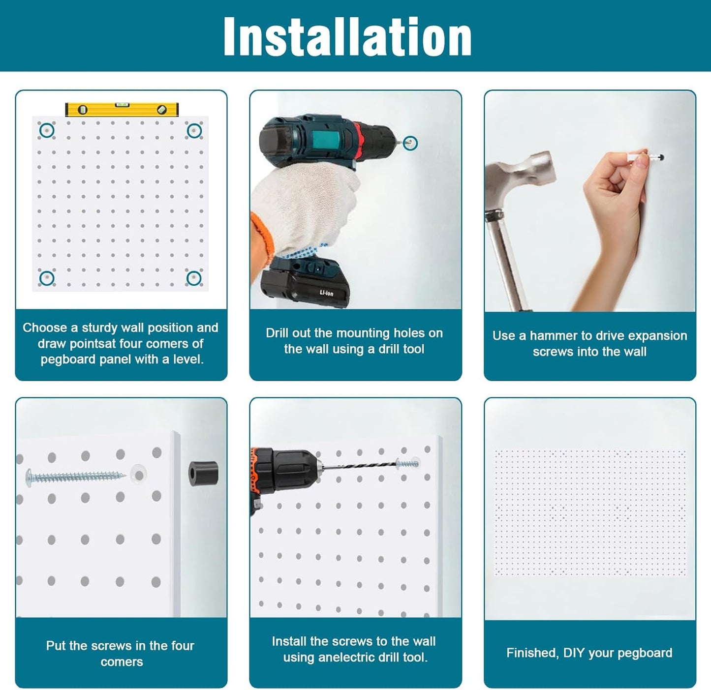 6 Pack Steel Peg Board,Universal 1/8 and 1/4 Pegboard Accessories,Ideal for Garage Tool Storage, Office Organization, Craft Room, Kitchen etc. (White, 6-12X12)
