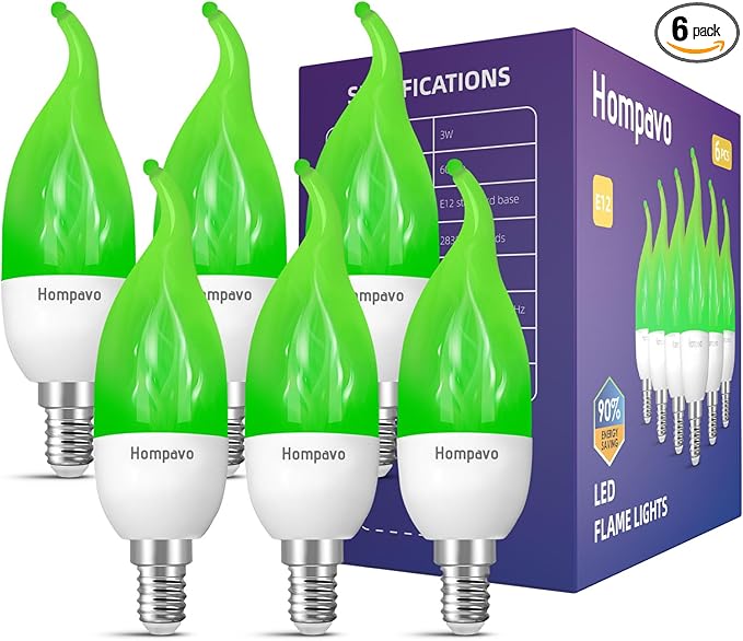 Hompavo 【Upgraded LED Flame Light Bulbs, 3 Modes Flickering Light Bulbs, E12 Chandelier Base Candle Fire Light Bulb for Halloween Christmas Party Porch Indoor & Outdoor Home Decoration, Green 6 Pack