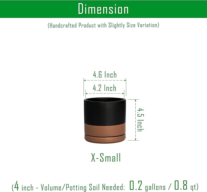 D'vine Dev Set of 2 Plants Pots, 4.6 Inch Ceramic Planter Pot for Plants with Drainage Hole and Saucer, Black/Speckled Tan, 94-V-B-7