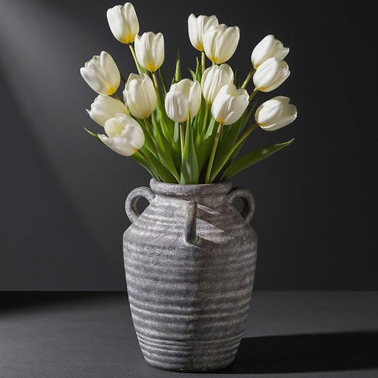 Grey Terracotta Ceramic Vase with Handles, Vintage Rustic Pottery Vases for Table Centerpiece, Cottage Core Home Decor, Large Flower Vases for Bouquet Entryway Mantel Bookshelf Living Room 8.9 Inch