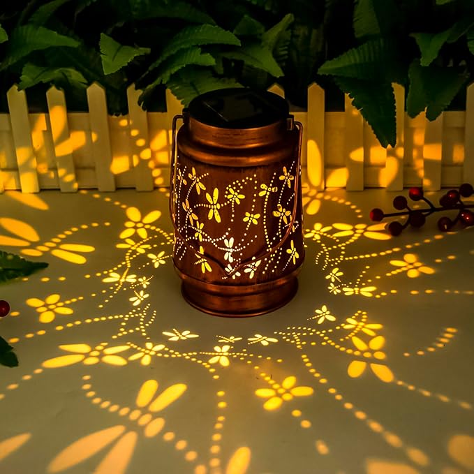 Dragonfly Solar Lanterns Outdoor Hanging, Hollowed-Out Metal Waterproof LED Garden Decor Light for Patio Yard Pathway Lawn Front Porch Tree, Christmas Thanksgiving Birthday Gifts for Women Mom Grandma