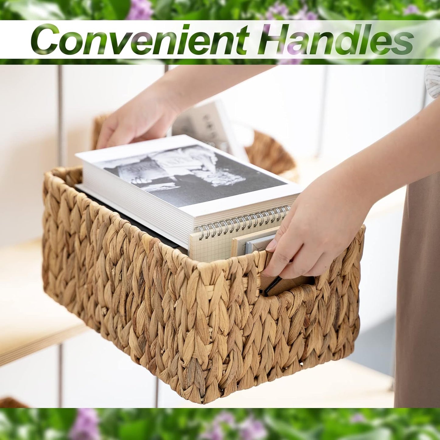 FairyHaus Wicker Baskets 15x11x7 & 13.4x9.5x6.5, 2 Pack Handmade Big Wicker Storage Basket with Handles, Natural Water Hyacinth Wicker Baskets for Storage Shelves Organizing, Rectangle Wicker Basket