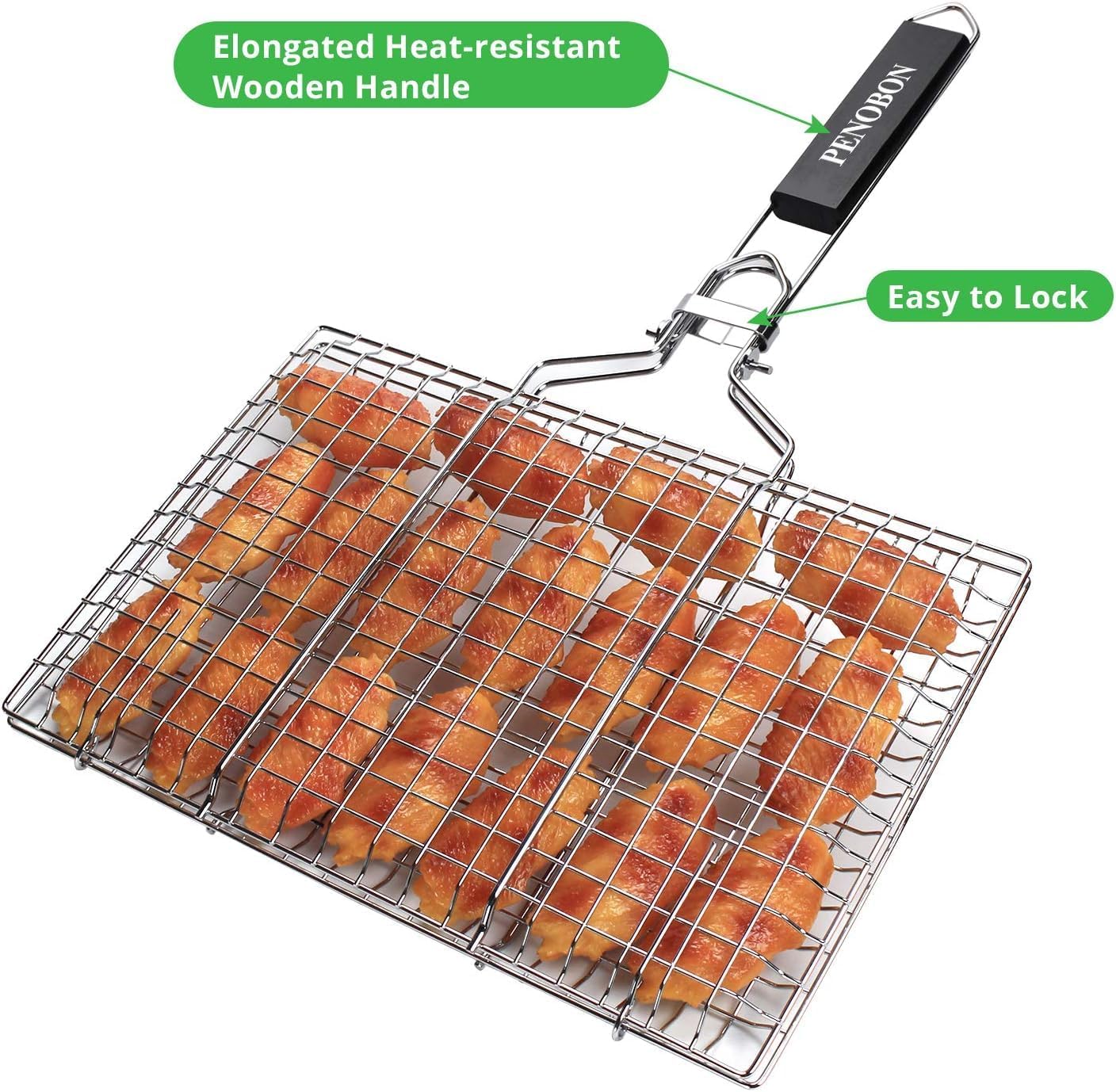 Fish Grilling Basket, Folding Portable Stainless Steel BBQ Grill Basket for Fish Vegetables Shrimp with Removable Handle, Come with Basting Brush and Storage Bag