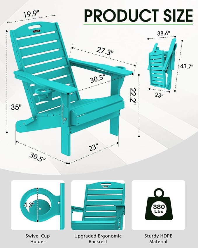Folding Adirondack Chair HDPE All-Weather Adirondack Chairs with Cup Holder, Outdoor Fire Pit Chairs Lawn Chair for Deck Patio Garden (Lakeblue)