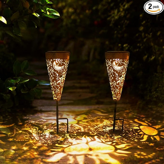 DIBIEECN 2 Pack Sun and Moon Solar Pathway Lights Outdoor,Metal Garden Decorations Outdoor Lights with Patterns and Warm Light,Waterproof Landscape Lighting for Path Patio Backyard Walkway Yard