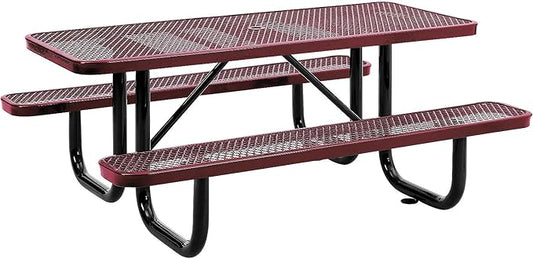 Global Industrial 6’L Rectangular Picnic Table, Expanded Metal, Red Thermoplastic Coating, Attached Benches, 1-1/2” Umbrella Pole Hole, Outdoor-Rated, 1000 lb Capacity, 72” x 30” Tabletop