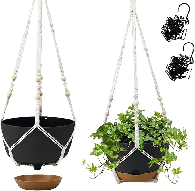 Hanging Planter Self Watering 10 Inch, 2 Pack Indoor Outdoor Hanging Baskets, Hanging Flower Pots with Drainage Hole & 2 Kinds of Plant Hangers for Garden Home Decor(Grey)…
