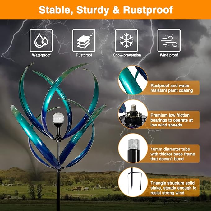 82 inch Wind Spinners Outdoor - Extra Large Outdoor Metal Wind Sculptures Spinners with Solar Light, Windmills for The Yard Garden, Yard Art Garden Lawn Decor - Peacock Blue