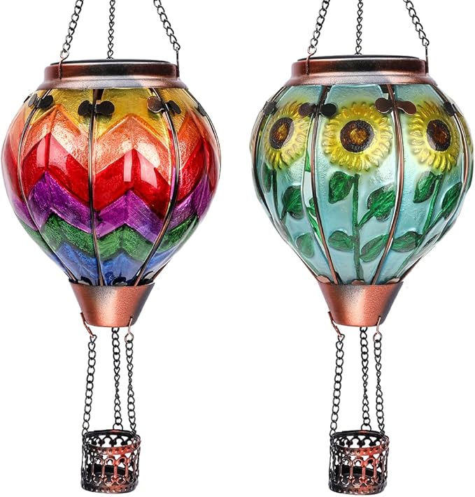 Hot Air Balloon Solar Lantern with Flickering Flame Hanging Solar Lanterns Outdoor Lights Waterproof Lanterns Decorative Garden Patio Yard Party Decor Wavy-Colorful + Sunflower