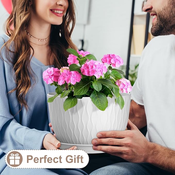 12 Inch Large Plant Pots for Indoor or Outdoor Plants, Wide Water Ripples Flower Pots with Drainage Holes & Saucer, Plastic Planters Set for Garden & Home Decor (White)