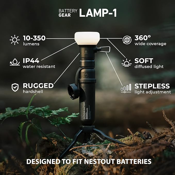 ELECOM NESTOUT Outdoor Camping LED Lantern w/ Mini Tripod, Dimmable USB Powered Soft LED Light, IP44 Water Dust Resistant, 10-350 Lumen, Portable Lamp for NESTOUT Power Bank, Black (LAMP-1)