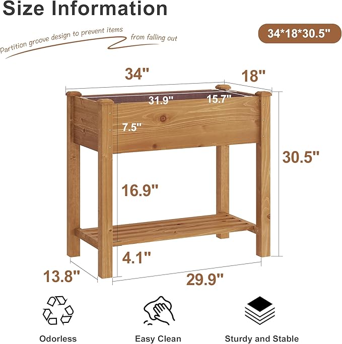 FILWH Raised Garden Bed with Legs Elevated Wooden Planter Box Stand Large Planter Stand Box for Fruits Vegetables Flowers with Divider with Bag - 34x18x30.5IN（Brown）