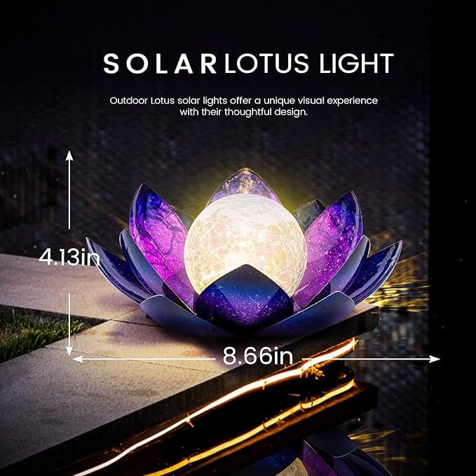 Huaxu Solar Lights for Outdoor Decor, Purple Lotus Flower Light, Waterproof LED Crackle Globe Glass Lamp for Garden, Patio, Yard, Porch, Pathway, Ground, Tabletop Christmas Gifts for Mom,Women