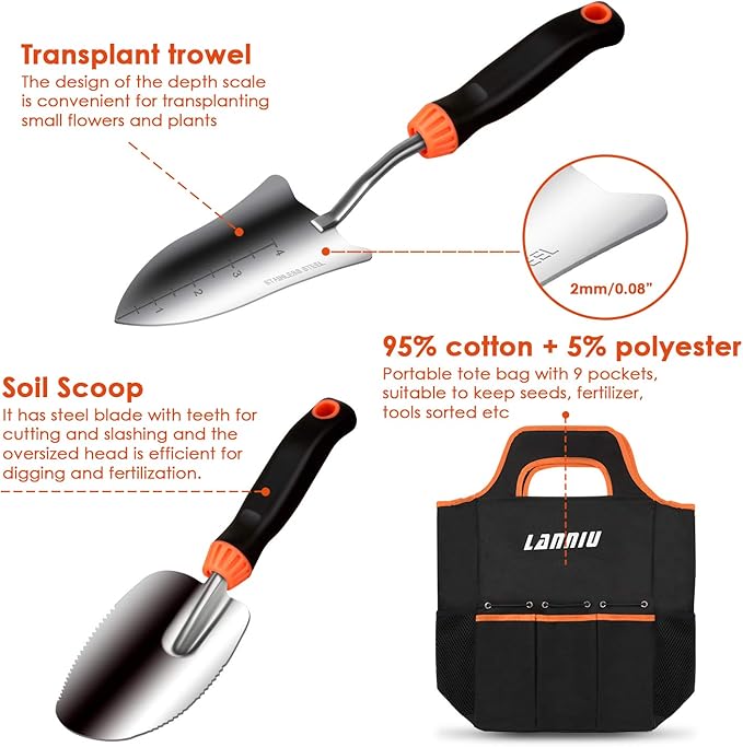 Garden Tool Set, 9 Piece Stainless Steel Heavy Duty Gardening Tool Set, with Non-Slip Rubber Grip, Storage Pocket, Ideal Gardening Gifts for Men