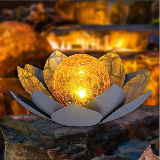 Huaxu Solar Lights Outdoor Garden Decor , Amber Crackle Globe Glass Lotus Decoration,Waterproof Gray Metal Flower Light for Patio,Lawn,Walkway,Tabletop,Ground