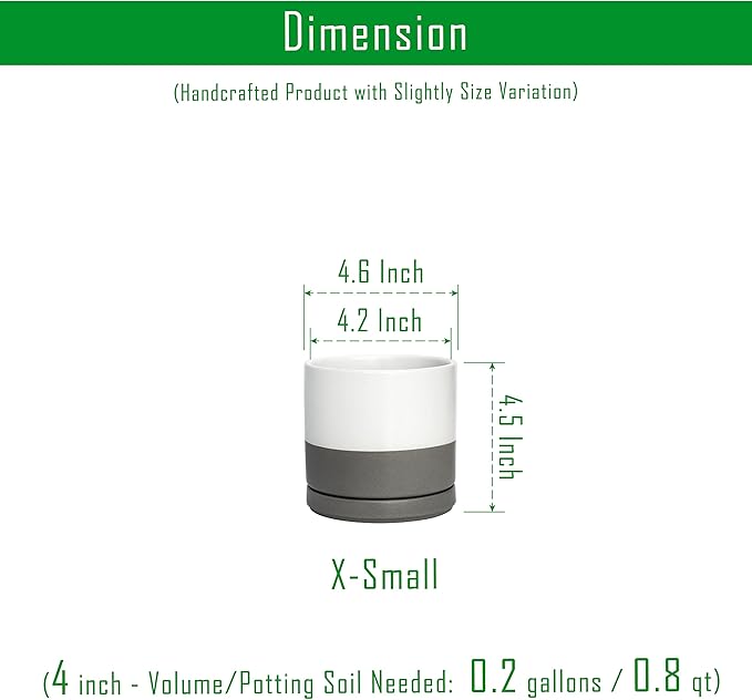 D'vine Dev Ceramic Planter Pot with Drainage Hole and Saucer, Indoor Cylinder Round Flower Pot, 4.6 Inch, White/Speckled Grey, 94-O-B-6