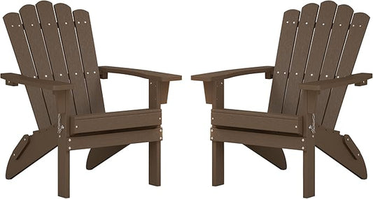 Folding HDPE Adirondack Chair Set of 2, Weather-Resistant Patio Chair with Wide Armrests & High Backrest, Fire Pit Chair for Garden, Backyard, Porch - Coffee