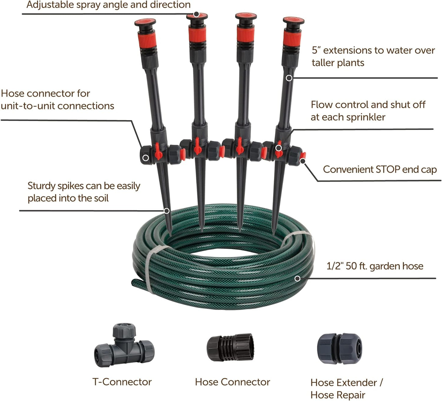 Eden 98063 Multi-Adjustable Flex Design Above Ground Irrigation Garden Sprinkler System, Sprinkler & Hose, DIY Plant Watering Set