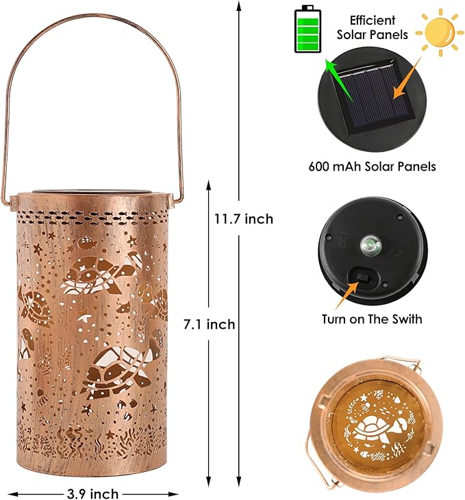 Fabuday Turtle Solar Lanterns Outdoor Waterproof - Metal Hanging Solar Powered Lights Led for Outside, Patio, Porch, Balcony, Yard and Deck Garden Decor, Gardening Decorations Gifts for Women Mom