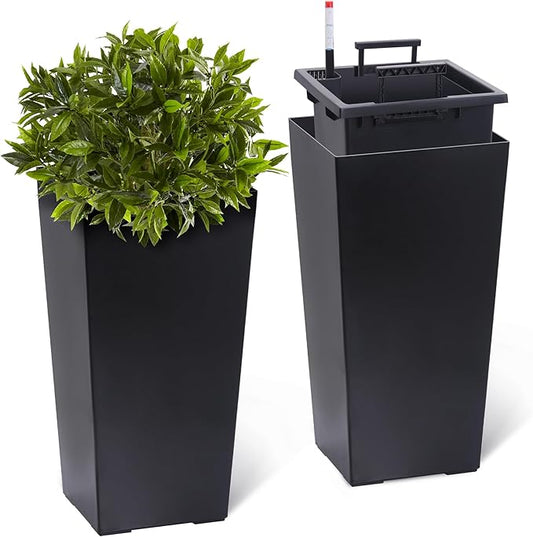 22.5" Tall Planters Set of 2, Outdoor＆Indoor Black Planter Pots, High Front Porch Planter Pots with Drainage Holes＆Water Level Monitor＆Inner Bucket, Automatic Watering, Black
