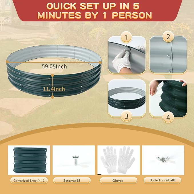 Durable Round Steel Raised Garden Bed Painted for Planting Vegetable/Herbs/Flowers/Trees at Backyard/Garden,or Baby Chicken,Christmas Tree Fence (Dark Green, 60 in Diameter x 12 in high)