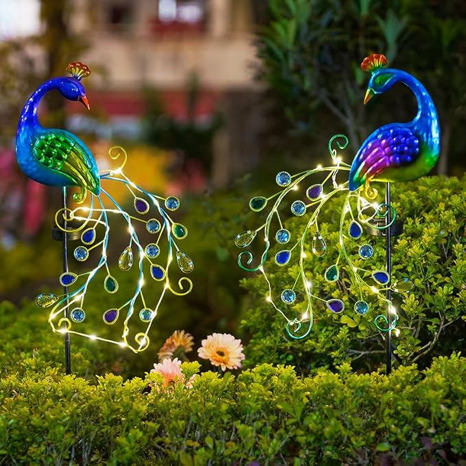 DREAMSOUL 2 Pack Peacock Solar Lights Outdoor, Waterproof Metal Peacock Outdoor Solar Lights for Yards Pathway Lawn Decoration Peacock Gifts